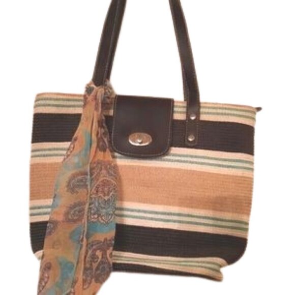 Emma James for Liz Claiborne woven beige/blue/cream handbag w scarf attd - Picture 1 of 5